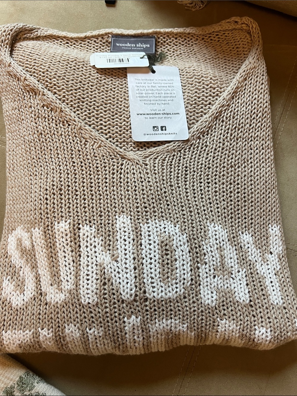 Wooden Ships Beige V-Neck Knit Sweater with White 'SUNDAY FUNDAY' Text - Picture 5 of 5